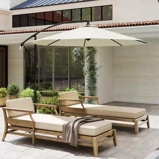 Sombrilla de Jardín Ø300x250 cm Parasol Excéntrico Inclinable con Manivela Base Cruzada y Soporte de Metal 8 Varillas para Terraza Exterior Balcón Beige [5]