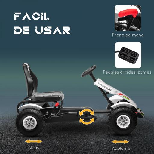 Go Kart a Pedales para Niños con Asiento Ajustable Neumáticos de Goma Freno de Mano Carga 50 kg 121x58x61 cm Blanco [4]