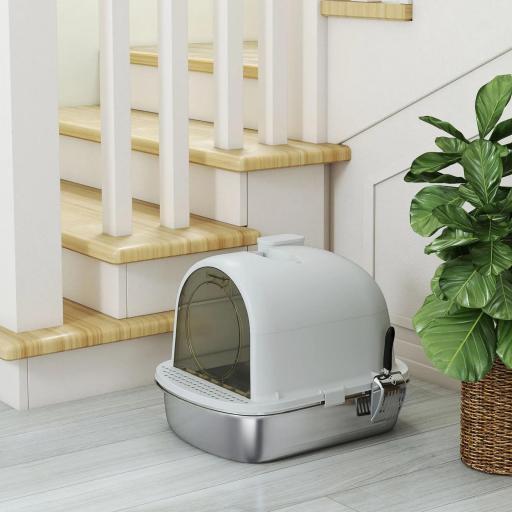 Arenero para Gatos de Acero Inoxidable con Cubierto Bolsa Desodorizante Pala Fácil de Limpiar 52,4x41,3x39,9 cm Gris [7]