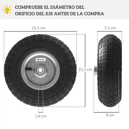 Juego de 4 Ruedas para Carretilla Neumáticos de Goma Ø255 x 75 mm Eje de 16 mm Carga 80 kg Negro [2]