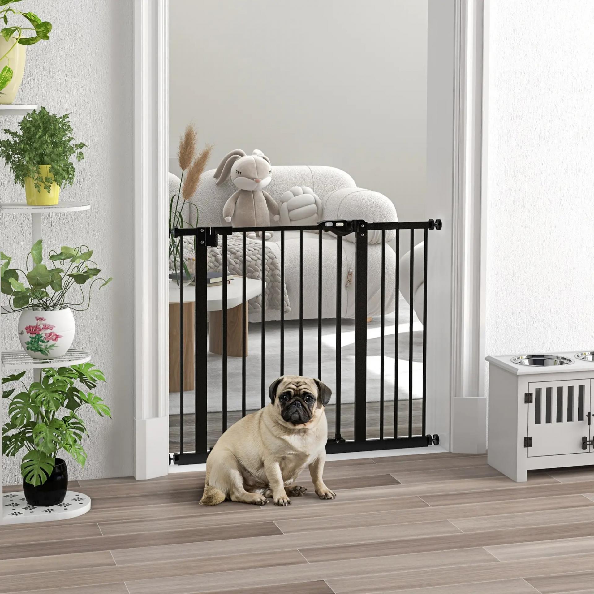 Barrera de Seguridad para Perros 74-94 cm con Extensión Montaje a Presión y Doble Bloqueo Negro