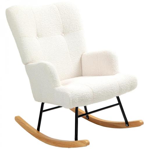 Silla Mecedora de Borreguito con Respaldo Capitoné y Base de Madera de Caucho para Salón o Dormitorio 65x88x87 cm Crema [9]