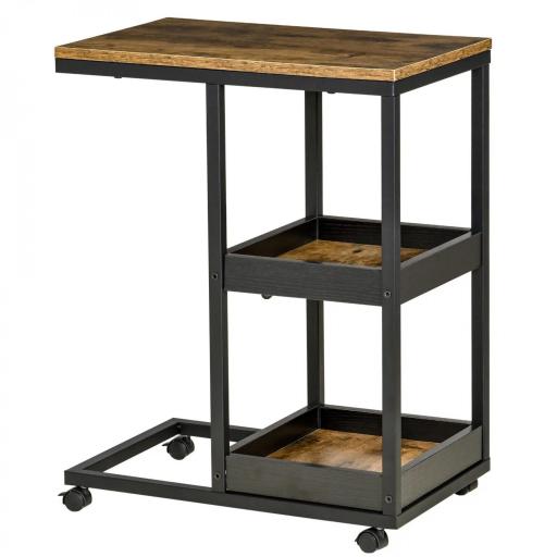 Mesa Auxiliar en Forma de C con Ruedas Estantes Abiertos y Marco de Acero para Salón Dormitorio 51x33x66cm Marrón Oscuro [8]