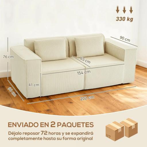 Sofá de 3 Plazas Tapizado en Pana Acolchado Grueso Asiento Extra Profundo Reposabrazos Anchos Montaje Rápido Beige [1]