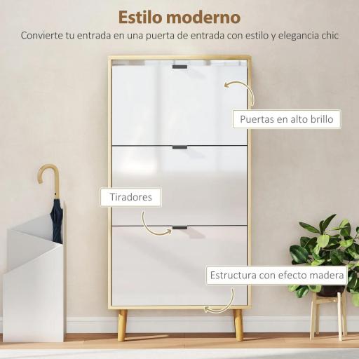 Zapatero Estrecho con 3 Puertas en Blanco Brillo Estantes Ajustables Patas de Madera para 18 Pares de Zapatos [2]