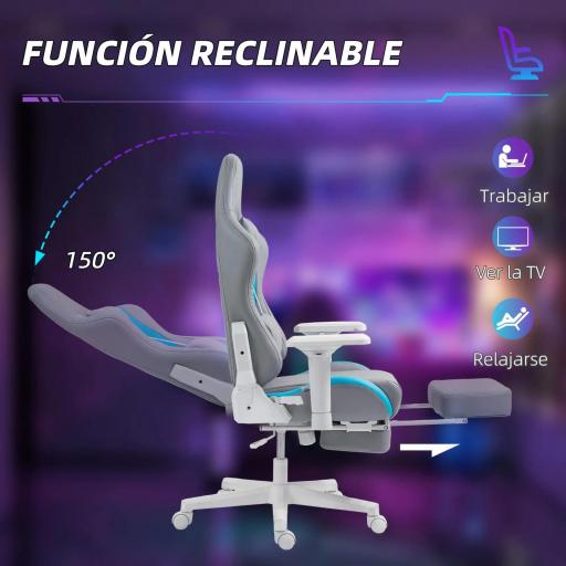 Silla Gamer Reclinable con Altura Ajustable Reposapiés Retráctil Soporte Lumbar y Reposacabezas Gris Claro y Azul [4]