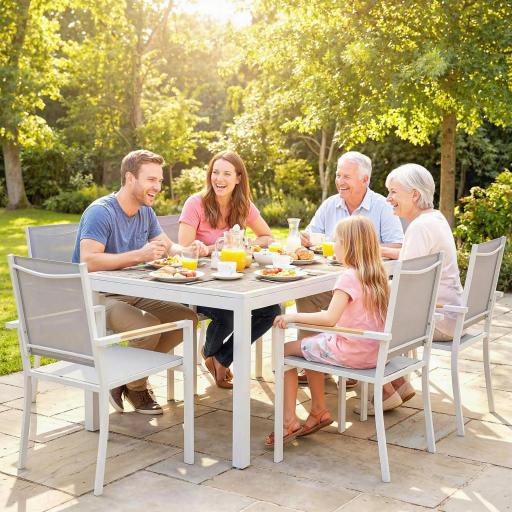 Conjunto de Mesa y Sillas Jardín con Mesa de Plástico PSPC y 6 Sillas Apilables Transpirables para Terraza Patio Blanco [7]