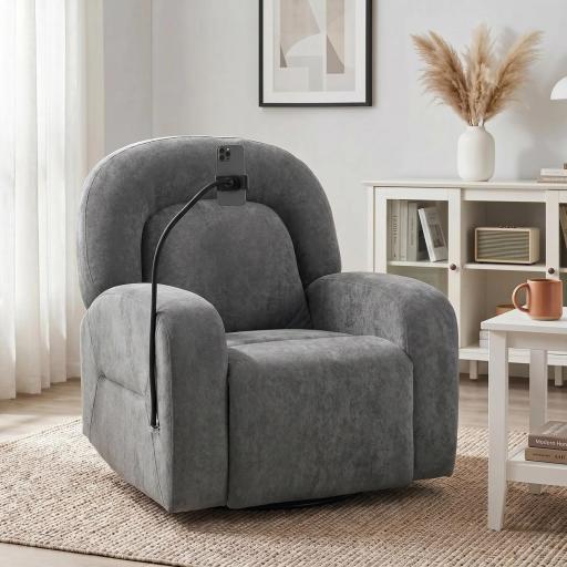 Sillón Relax Reclinable 3 en 1 con Función Mecedora Giratorio 360° Soporte para Teléfono Asiento Amplio Gris [3]