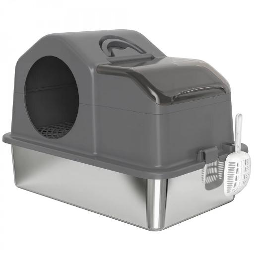 Arenero para Gatos Cubierto con Bandeja de Acero Inoxidable Tapa Extraíble Bordes Altos Fácil de Limpiar Gris Oscuro [9]