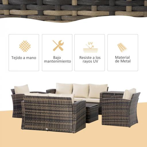 Conjunto de Jardín Exterior de Ratán 6 Piezas Cojines Sofá Doble Sofá 3 Plazas 2 Sillones 2 Mesas Auxiliares Caqui [2]