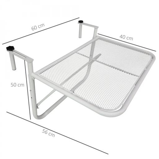 Mesa Colgante de Balcón con Brazo Regulable y Altura Ajustable en 3 Posiciones Marco Metálico 60x56x50 cm Blanco [4]