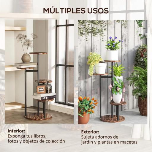 Soporte para Plantas de Madera y Acero de 5 Niveles con 5 Estantes Redondos Soporte para Macetas 43x43x70 cm Carbonizado [2]