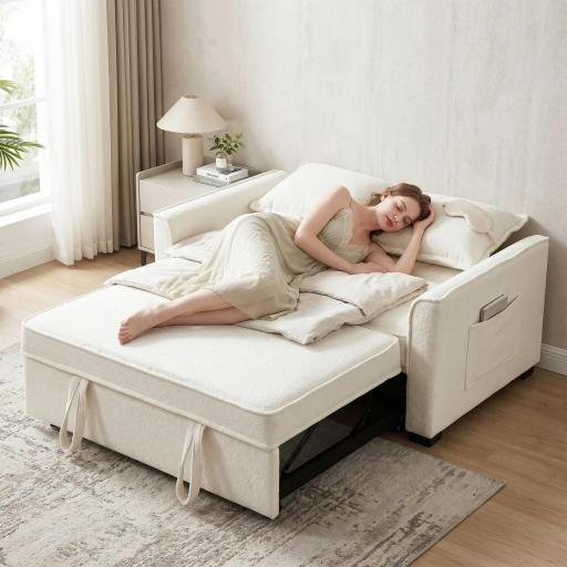 Sofá Cama 2 Plazas 3 en 1 con Respaldo Ajustable Bolsillos Laterales 2 Almohadas para Sala de Estar Blanco Crema [4]