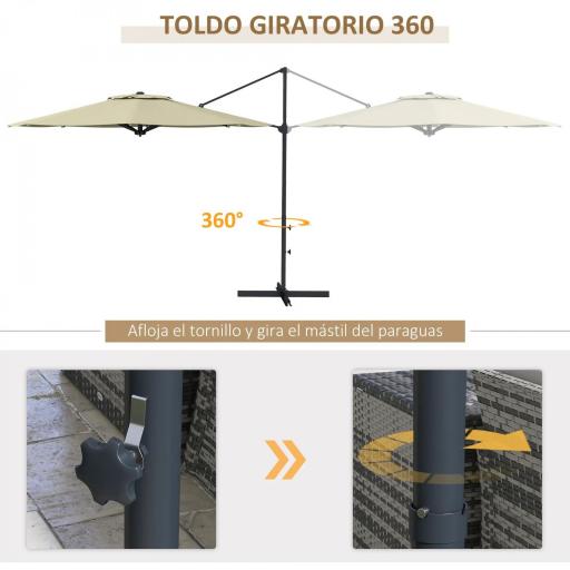 Sombrilla de Jardín Ajustable Ø294x242 cm con Poste Giratorio 360° Ángulo de Techo Ajustable y Ventilación Crema [3]