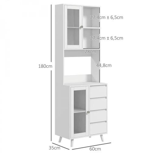 Alacena de Cocina Aparador con 2 Puertas de Vidrio Compartimentos 4 Cajones y Estantes Ajustables 60x35x180 cm Blanco [1]
