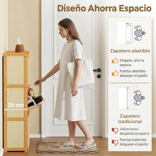 Zapatero Estrecho de Bambú con 3 Cajones Abatibles de Ratán para 18-21 Pares de Zapatos 69x29x119,8 cm Natural [2]