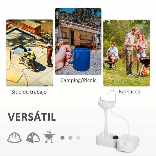Fregadero Portátil Lavamanos para Actividades al Aire Libre o Camping con Tanques de Recuperación de Agua 17 L Dispensador de Jabón Y 2 Ruedas HDPE 83x50x103 cm Gris Claro [6]