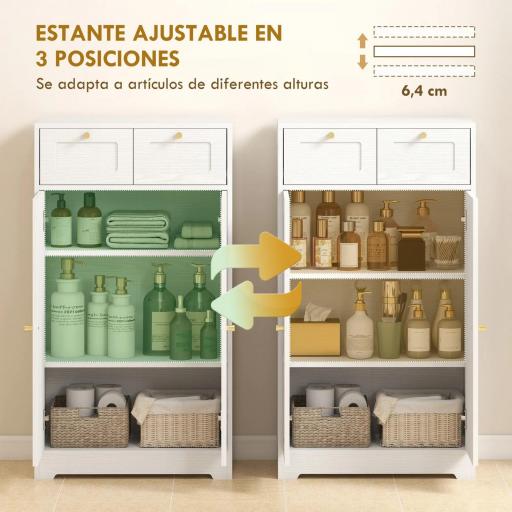 Armario de Baño Estrecho con 2 Cajones Estante Abierto y Puerta con Panel Arqueado 60x30x108 cm Blanco Veteado [6]