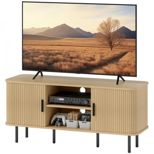 Mesa de TV con 2 Puertas Correderas Tipo Persiana 2 Estantes Abiertos para Televisores de 55 Pulgadas 120x40x55 cm Roble [9]