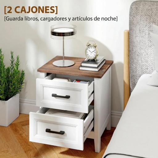 Mesilla de Noche con 2 Cajones Estilo Rústico Mesita para Salón Dormitorio 45x30x50 cm Blanco [5]