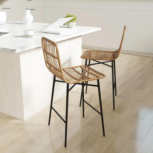 Conjunto de 2 Taburetes Altos de Cocina Taburetes de Bar con Respaldo y Asiento de Ratán para Bar Cocina Comedor Marrón [4]