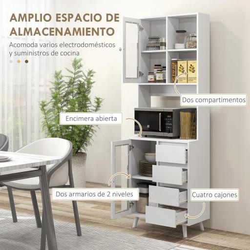 Alacena de Cocina Aparador con 2 Puertas de Vidrio Compartimentos 4 Cajones y Estantes Ajustables 60x35x180 cm Blanco [5]