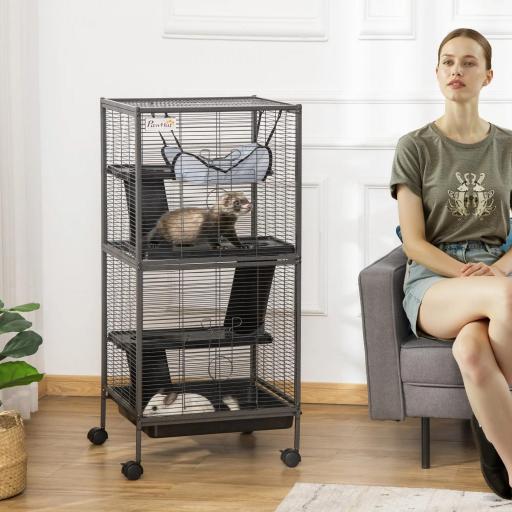 Parque para Mascotas con Ruedas 2 Puertas 3 Rampas Hamaca Colgante y Bandeja Extraíble para Cobayas 52x52x113,5cm Gris