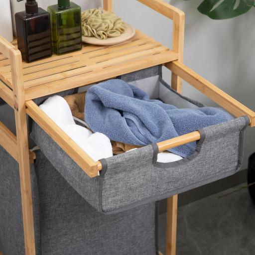 Cesto para Ropa Sucia Cesta para la Colada de Bambú con 2 Bolsas de Tela Extraíbles y Ruedas 42x35x84,5 cm Gris [7]