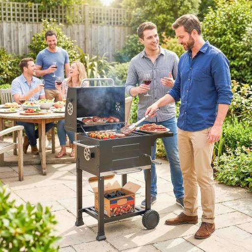 Barbacoa de Carbón Portátil con Parrilla de Acero Inoxidable Estante Lateral Termómetro Bandeja y Ruedas Negro [0]