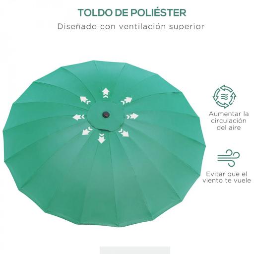 Sombrilla de Jardín Ø250x240 cm con Manivela Parasol con Ángulo Inclinable con 18 Varillas para Exterior Verde [3]