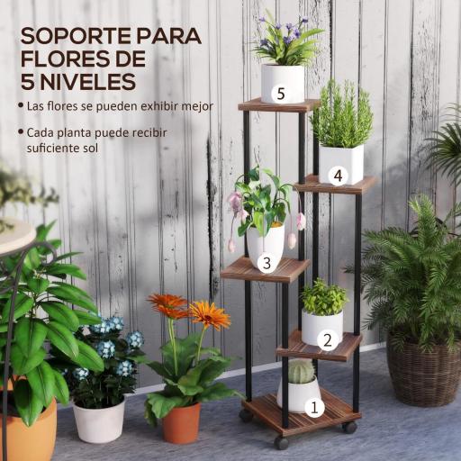 Soporte para Plantas de Madera y Acero de 3 Niveles con 5 Estantes Cuadradas y 4 Ruedas 59x59x110 cm Carbonizado [2]