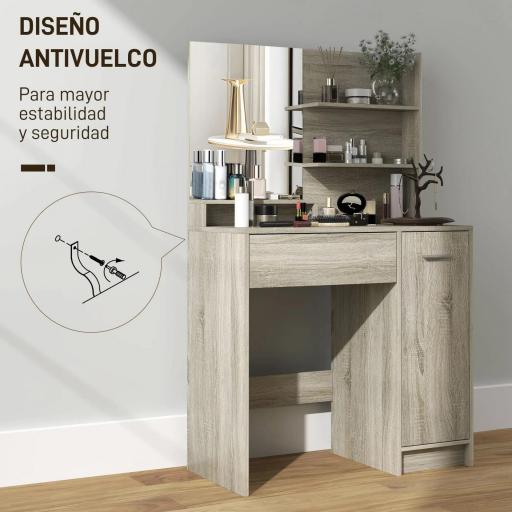 Tocador de Maquillaje con Taburete Espejo Estantes Abiertos Cajón y Estante Ajustable Anti-vuelco Natural y Beige [3]