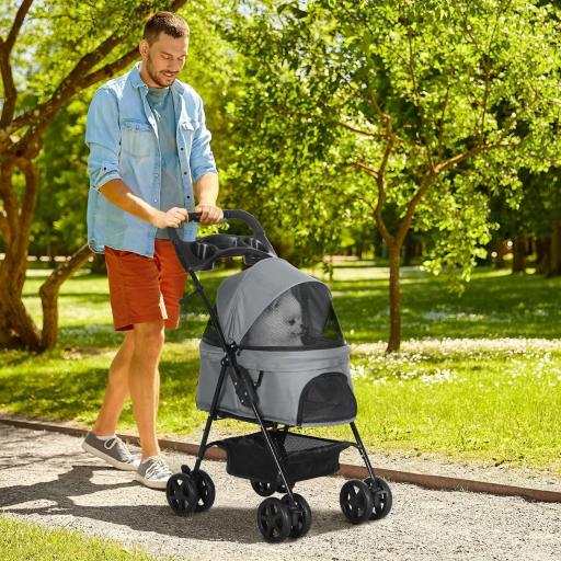 Carrito para Perros Pequeños con Ruedas Universales Cesta de Almacenaje Correas de Seguridad y Ventanas 67x45x96 cm Gris