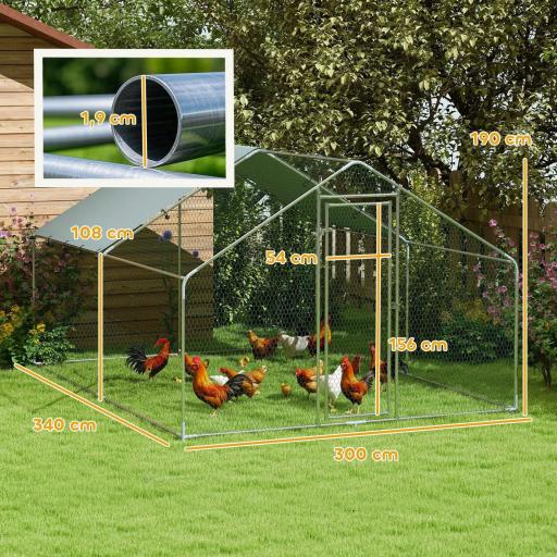 Corral para Gallinas Gallinero Metálico Grande de 3x3,4x1,9 m con Cubierta Impermeable y Anti-UV Plata [2]