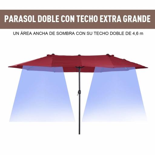 Sombrilla Doble para Jardín 455x265x238 cm Parasol Grande con Manivela Manual Protección Solar Color Rojo Vino [3]