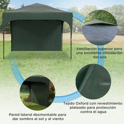 Cenador de Jardín 3x3 m con Altura Ajustable 1 Pared Lateral Impermeable 4 Bolsas de Arena y Bolsa de Transporte Verde [5]