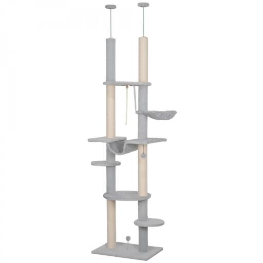Árbol para Gatos de Suelo a Techo 225-255 cm con Hamacas Plataformas Juguete de Cuerda Bola de Juguete Gris [8]