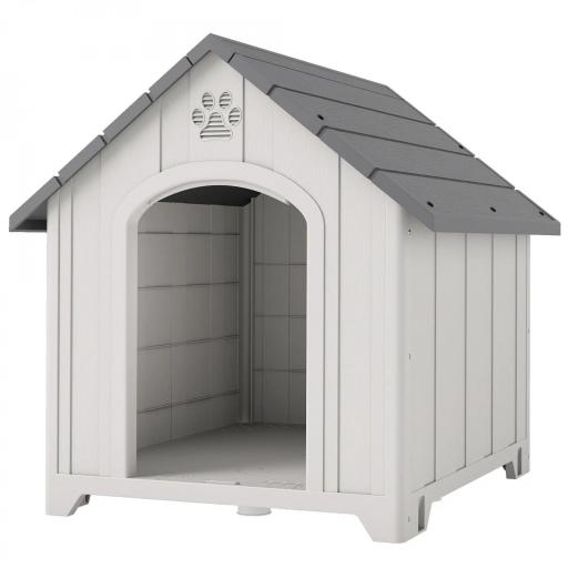 Caseta para Perros Exterior Casa para Perros Grandes de Plástico con 2 Ventanas Base Elevada Estacas Gris [9]