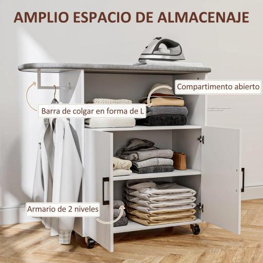 Mueble de Planchar con Ruedas Barra para Colgar Ropa Estante Abierto y Tabla de Planchar 125x43,5x102,5 cm Blanco [8]