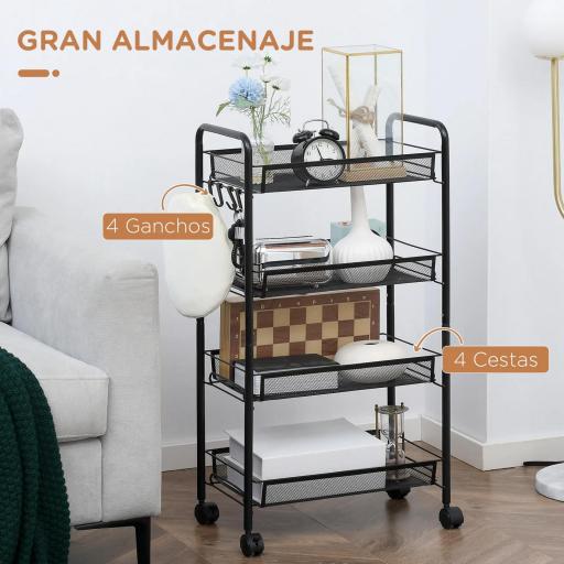 Carrito de Cocina de 4 Niveles Carrito de Almacenamiento con 4 Ganchos Carga 12 kg para Comedor Baño 45x26,5x84 cm Negro [8]