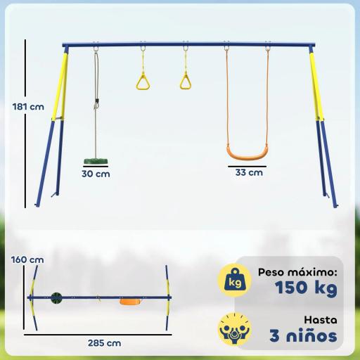 Columpio Infantil 3 en 1 Columpio Clásico y de Pie y Aros de Gimnasia Carga 150 kg para Niños de 3 a 8 Años Multicolor [1]