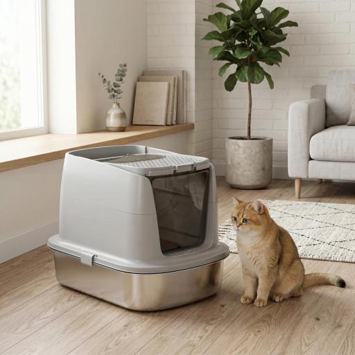 Arenero para Gatos de Acero Inoxidable L con Tapa Abatible Pala Metálica Bolsa Desodorizante Fácil Limpiar Gris Claro [8]
