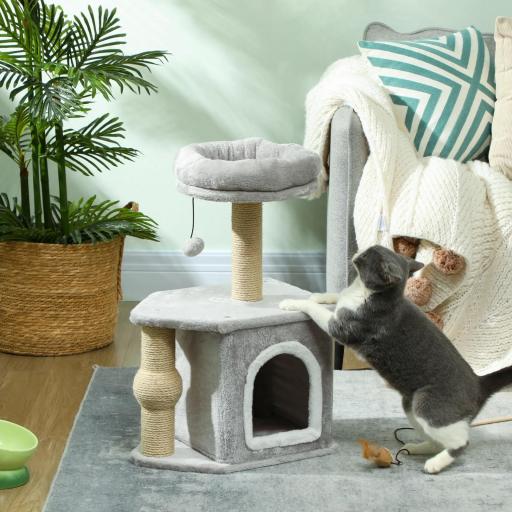 Árbol para Gatos Altura 66 cm Torre para Gatos con Cama Cueva Plataforma Bola Colgante y Poste de Yute Gris Claro