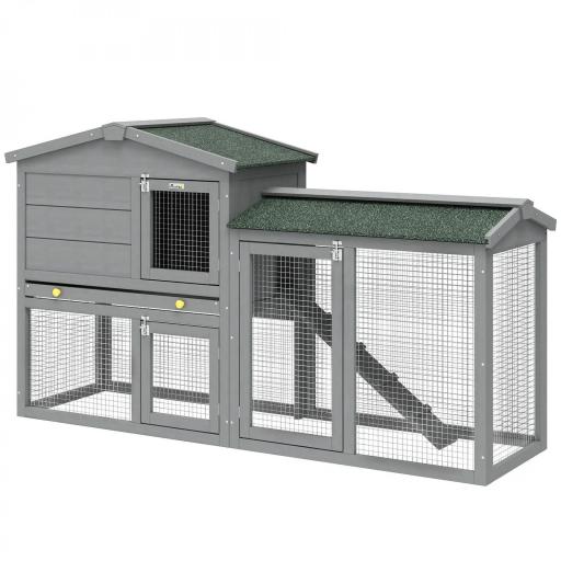 Conejera de Madera de 2 Niveles con Techo Asfáltico Bandeja Extraíble y Escalera para Exterior 150x45x85 cm Gris [9]