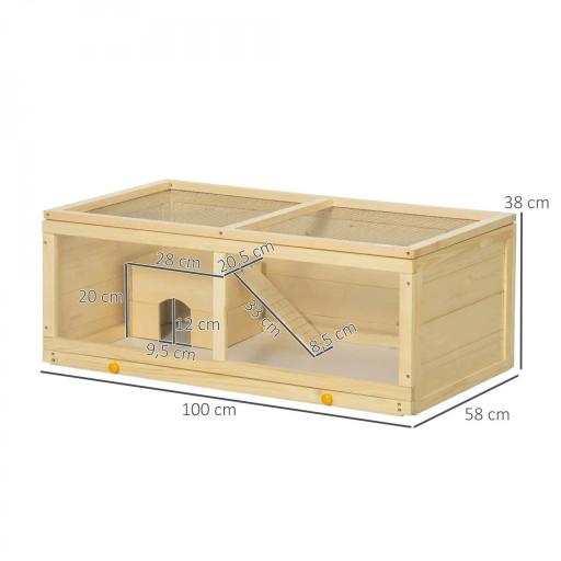 Jaula para Hámster de Madera con Techo Abatible Panel de Acrílico Bandeja Extraíble y Cabaña 100x58x38 cm Natural [1]