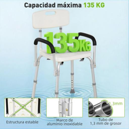Silla de Ducha para Personas Mayores con Respaldo Altura Regulable Antideslizante y Apoyabrazos Carga 136 kg [3]