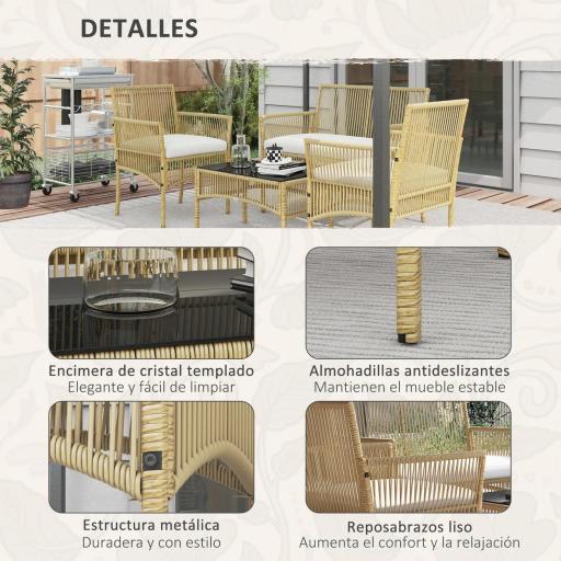 Juego de 4 Piezas Muebles de Terraza con 1 Sofá de 2 Plazas 2 Sillones y 1 Mesa de Centro con Encimera de Cristal Beige [5]