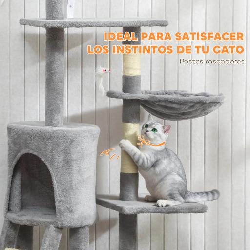 Árbol Rascador para Gatos Altura 134 cm con 6 Postes 3 Plataformas Cueva Hamaca Escalera 4 Juguetes Colgantes Gris [4]
