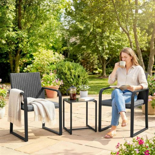 Conjunto de Muebles de Jardín de Ratán Sintético con 2 Sillas con Cojines y Mesa con Tablero de Vidrio Gris