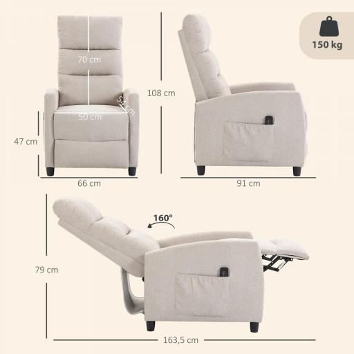 Sillón de Masaje Reclinable con Reposapiés 2 Zonas de Masaje Respaldo Alto Bolsillos Tapizado en Chenilla Crema [1]